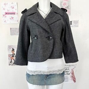 Y2K Herringbone Cropped Blazer Jacket Gray Wool Blend M — Preppy